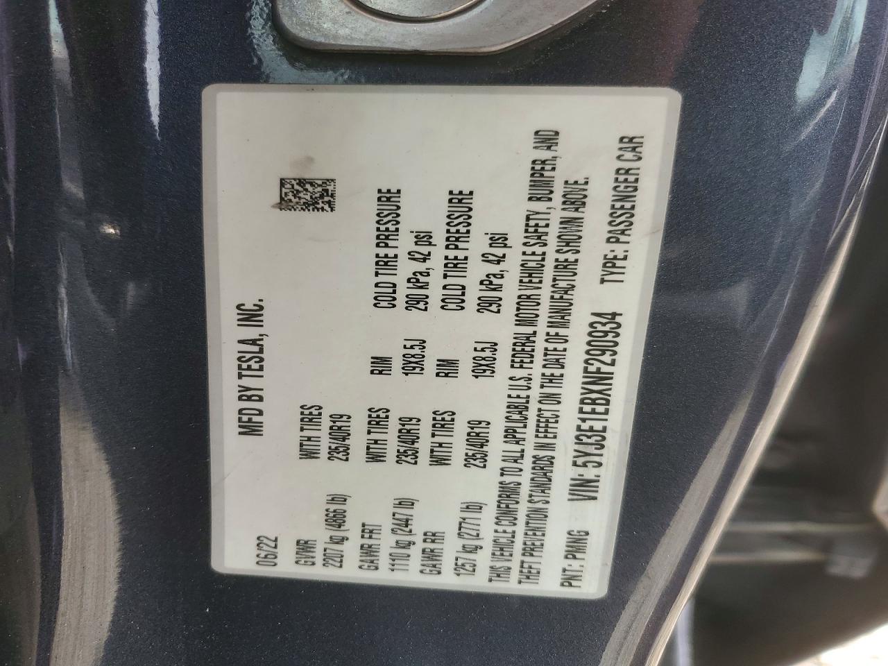 5YJ3E1EBXNF290934 · 2022 TESLA MODEL 3 · 12/12