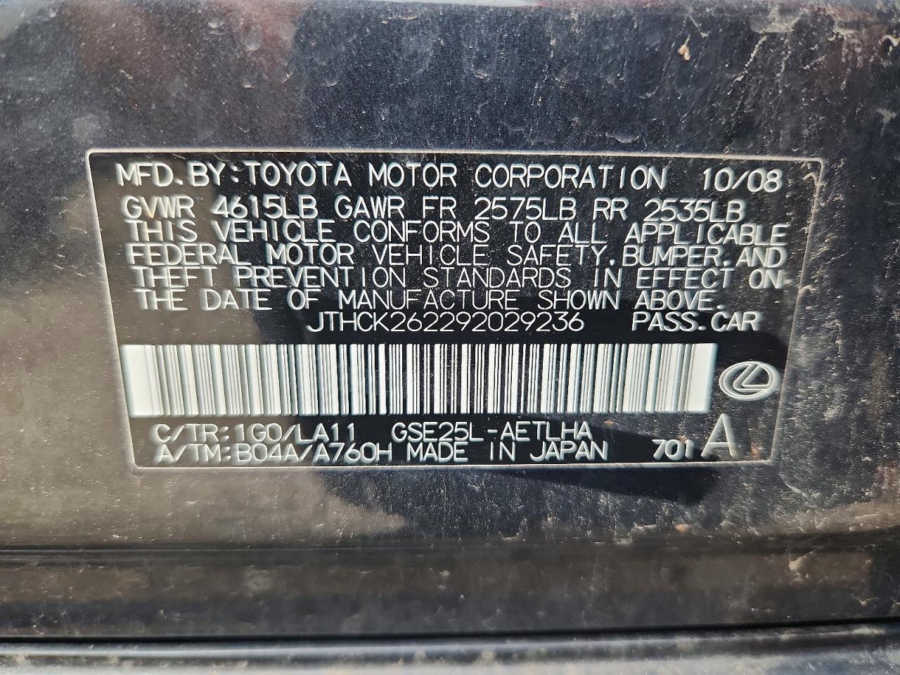 JTHCK262292029236 · 2009 LEXUS IS · 12/12