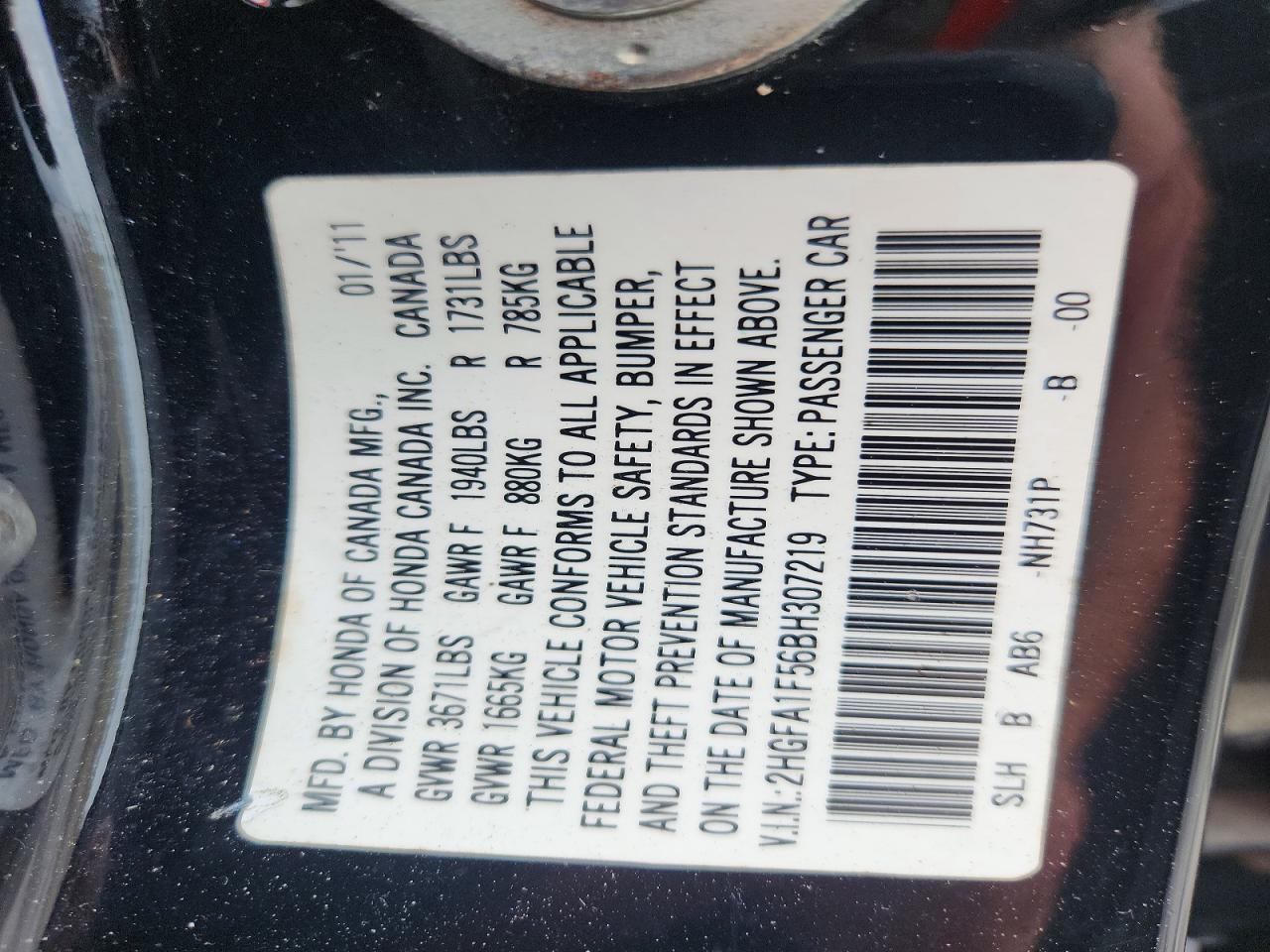2HGFA1F56BH307219 · 2011 HONDA CIVIC · 12/12