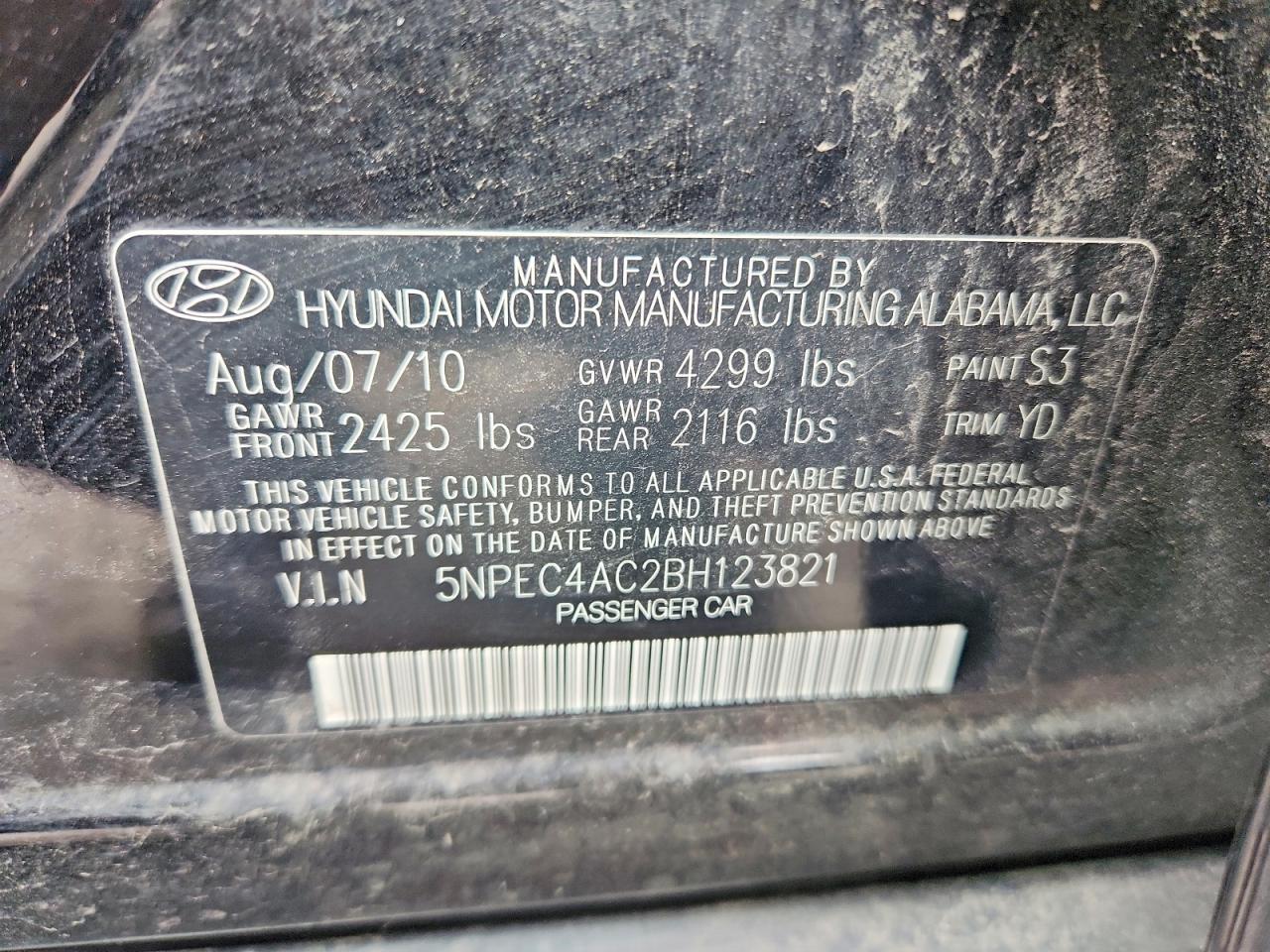 5NPEC4AC2BH123821 · 2011 HYUNDAI SONATA · 12/12