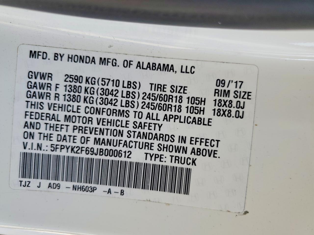 5FPYK2F69JB000612 · 2018 HONDA RIDGELINE · 12/12