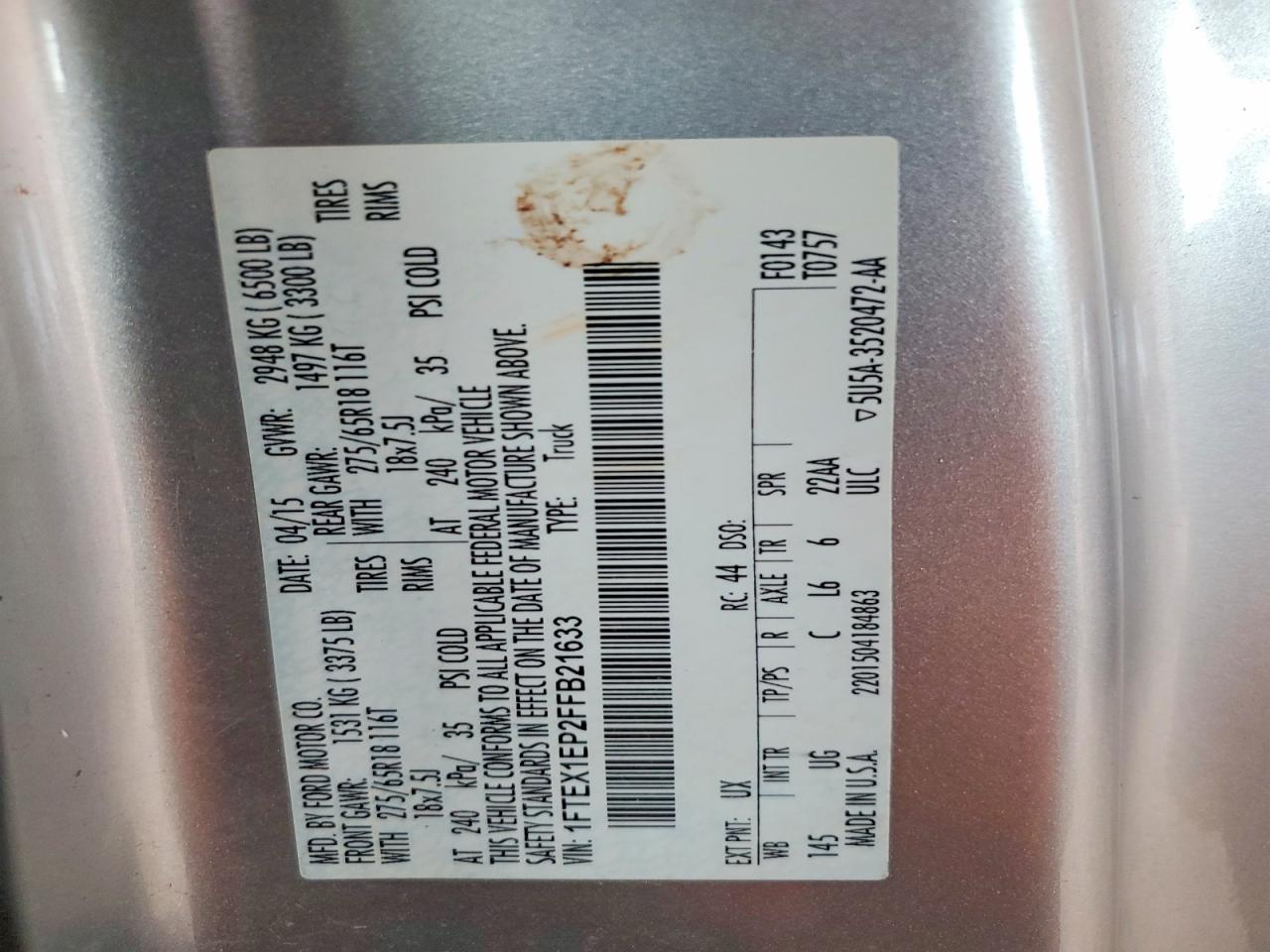 1FTEX1EP2FFB21633 · 2015 FORD F150 · 12/12