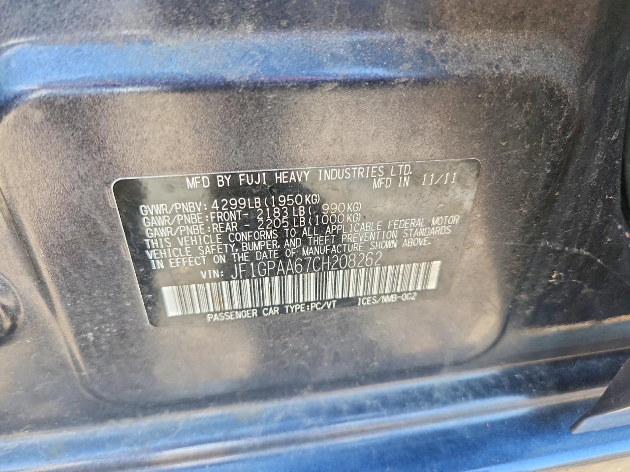 JF1GPAA67CH208262 · 2012 SUBARU IMPREZA · 12/12