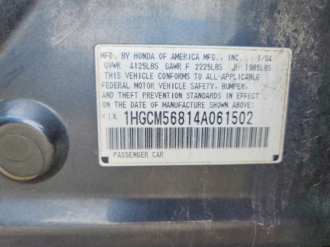 1HGCM56814A061502 · 2004 HONDA ACCORD · 12/12
