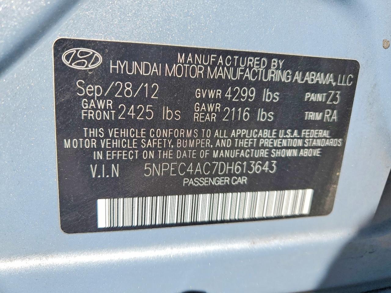 5NPEC4AC7DH613643 · 2013 HYUNDAI SONATA · 12/12