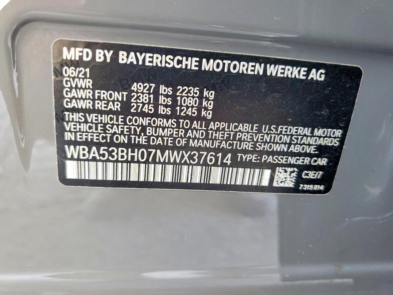WBA53BH07MWX37614 · 2021 BMW 530 · 12/12