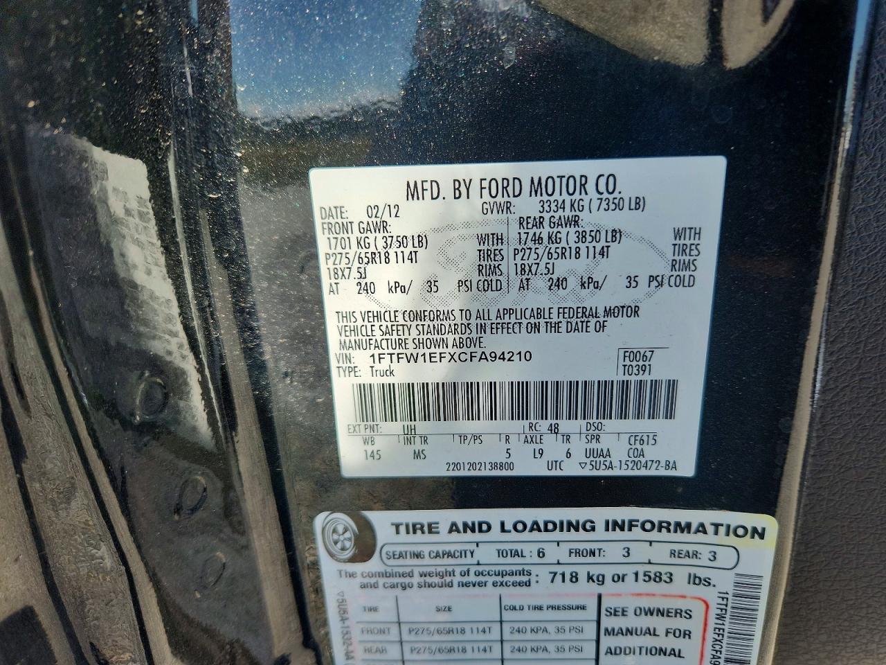 1FTFW1EFXCFA94210 · 2012 FORD F150 · 12/12
