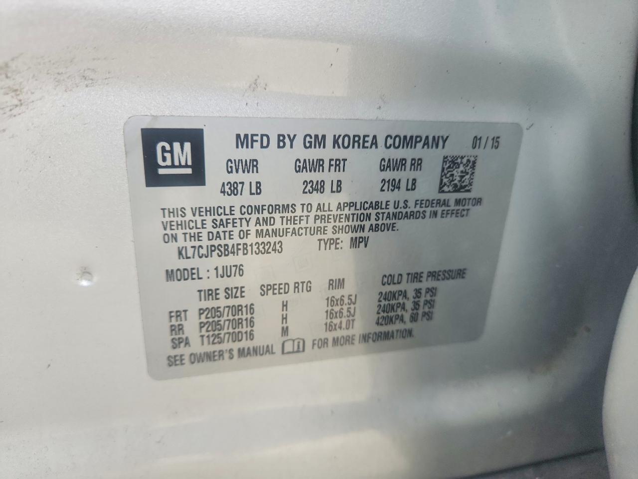 KL7CJPSB4FB133243 · 2015 CHEVROLET TRAX · 12/12