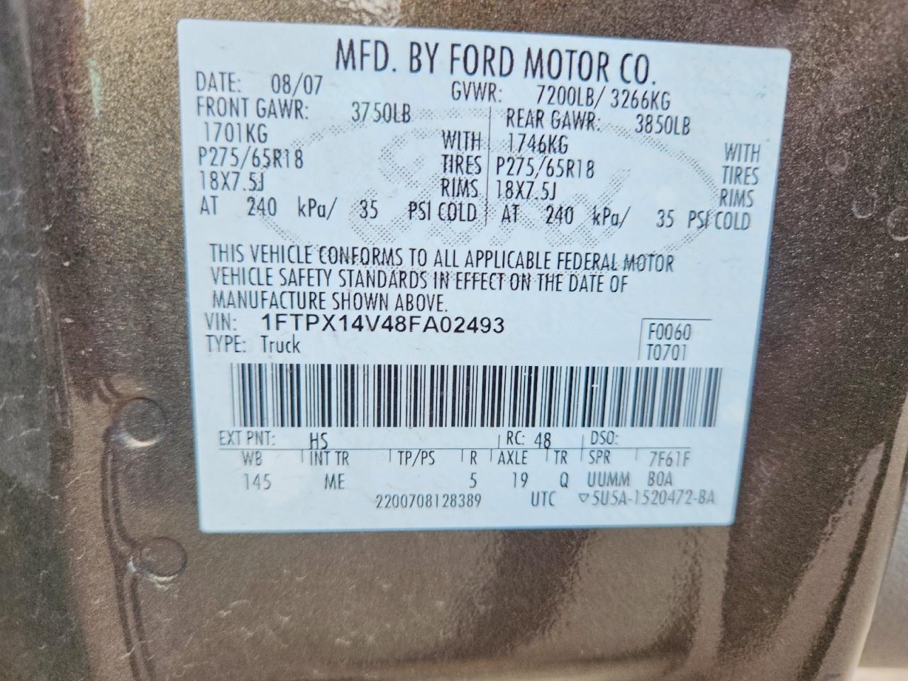 1FTPX14V48FA02493 · 2008 FORD F150 · 12/12