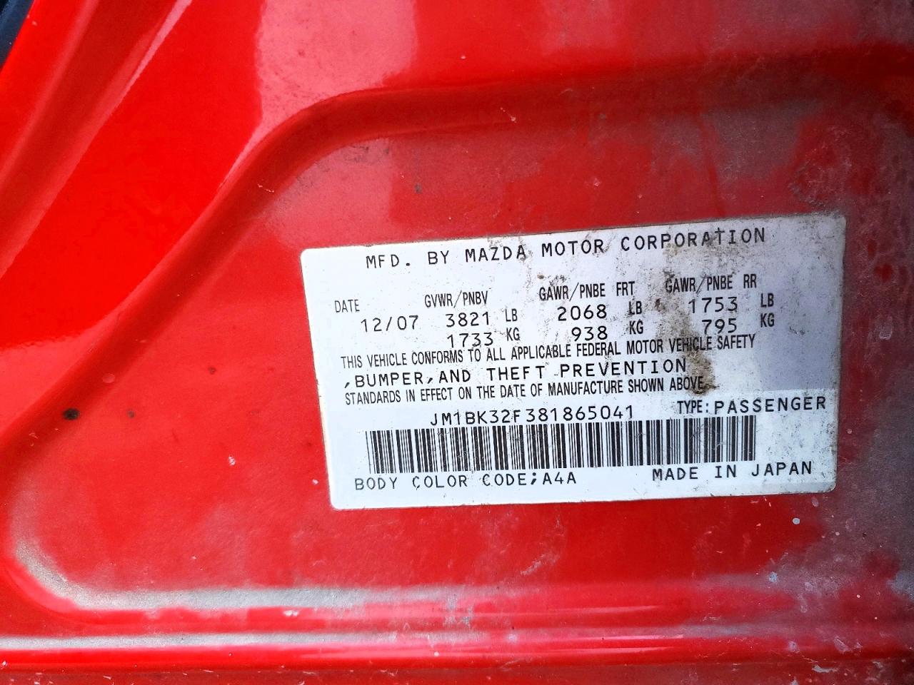 JM1BK32F381865041 · 2008 MAZDA 3 · 12/12