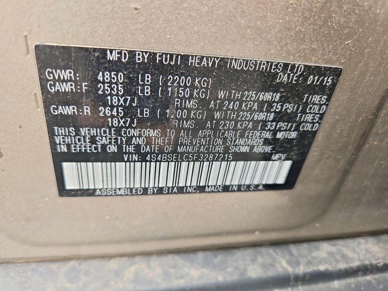 4S4BSELC5F3287215 · 2015 SUBARU OUTBACK · 12/12