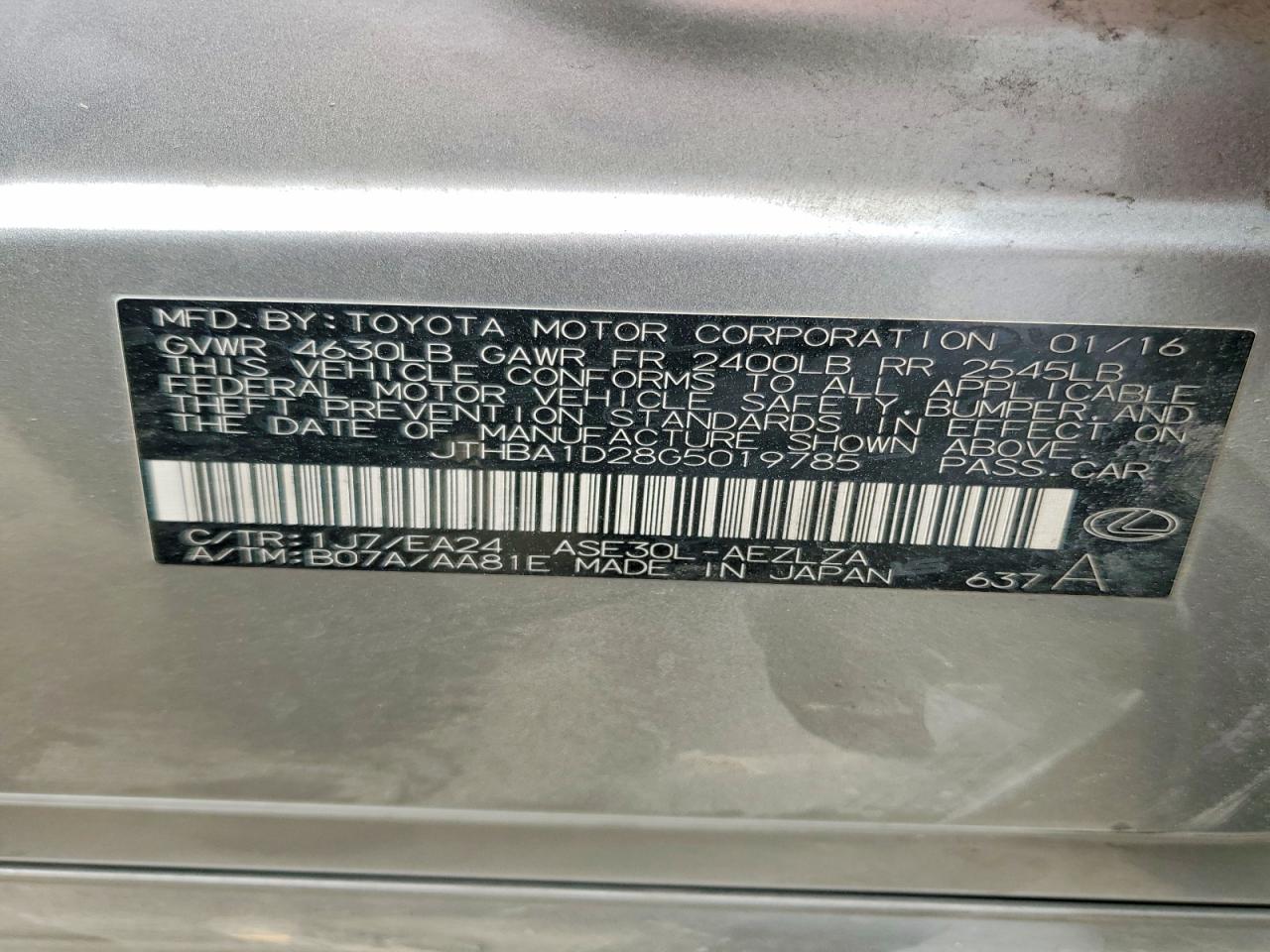 JTHBA1D28G5019785 · 2016 LEXUS IS · 12/12