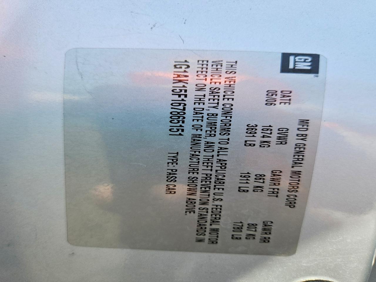 1G1AK15F167865151 · 2006 CHEVROLET COBALT · 12/12