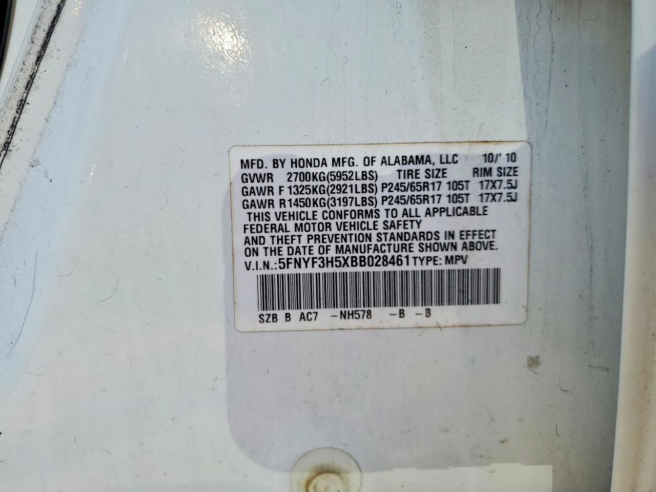 5FNYF3H5XBB028461 · 2011 HONDA PILOT · 12/12