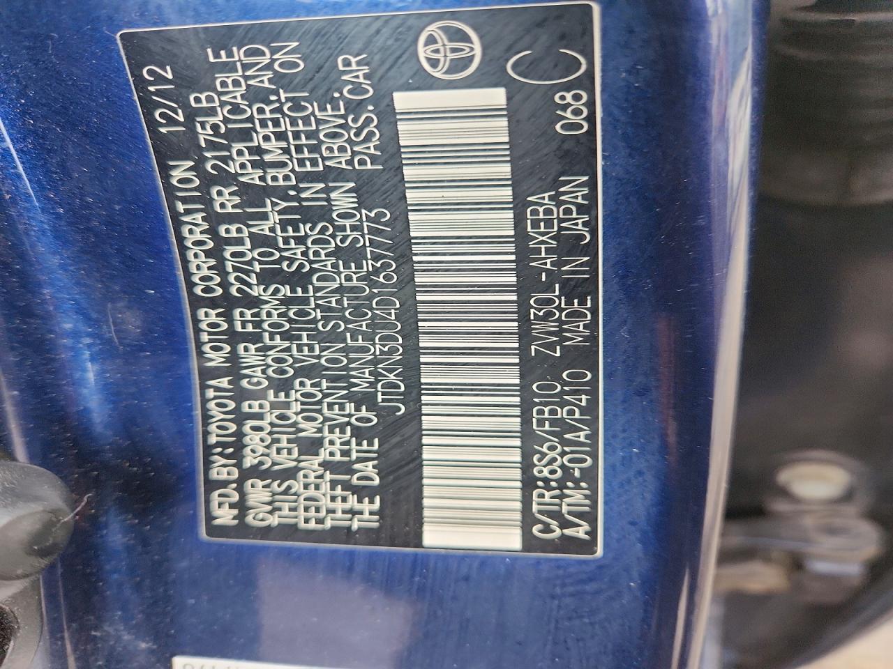 JTDKN3DU4D1637773 · 2013 TOYOTA PRIUS · 12/12