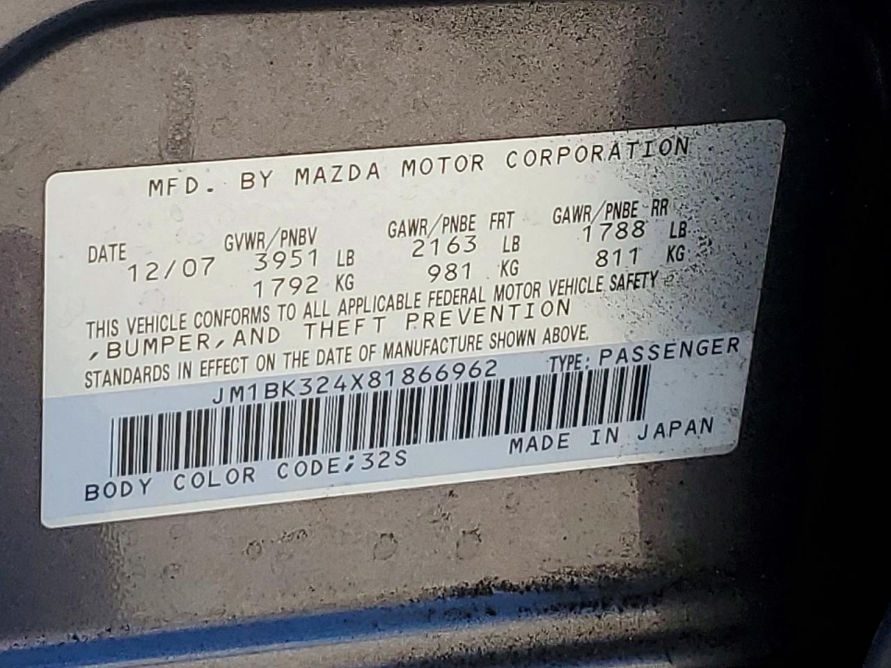 JM1BK324X81866962 · 2008 MAZDA 3 · 12/12