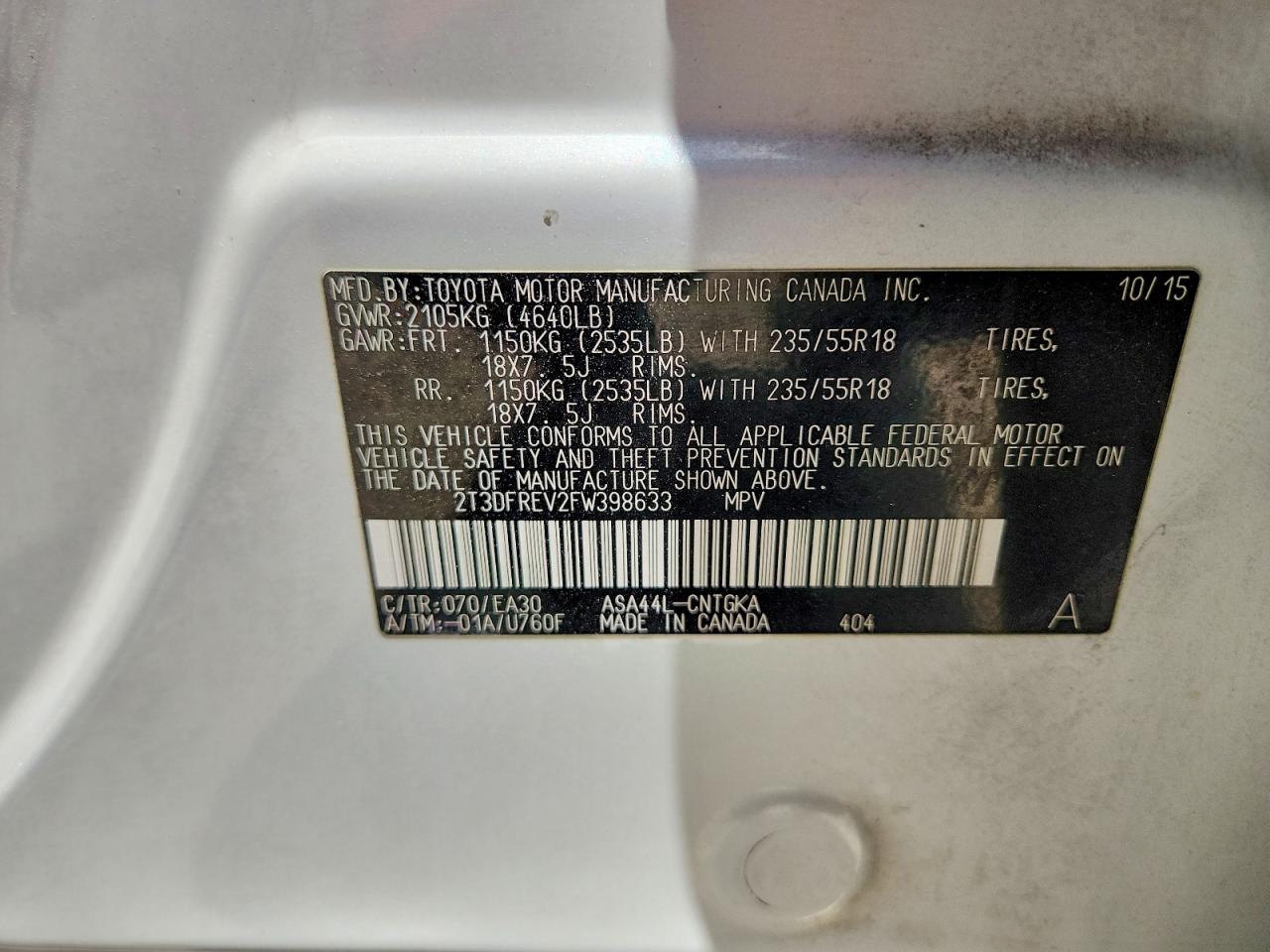 2T3DFREV2FW398633 · 2015 TOYOTA RAV4 · 12/12
