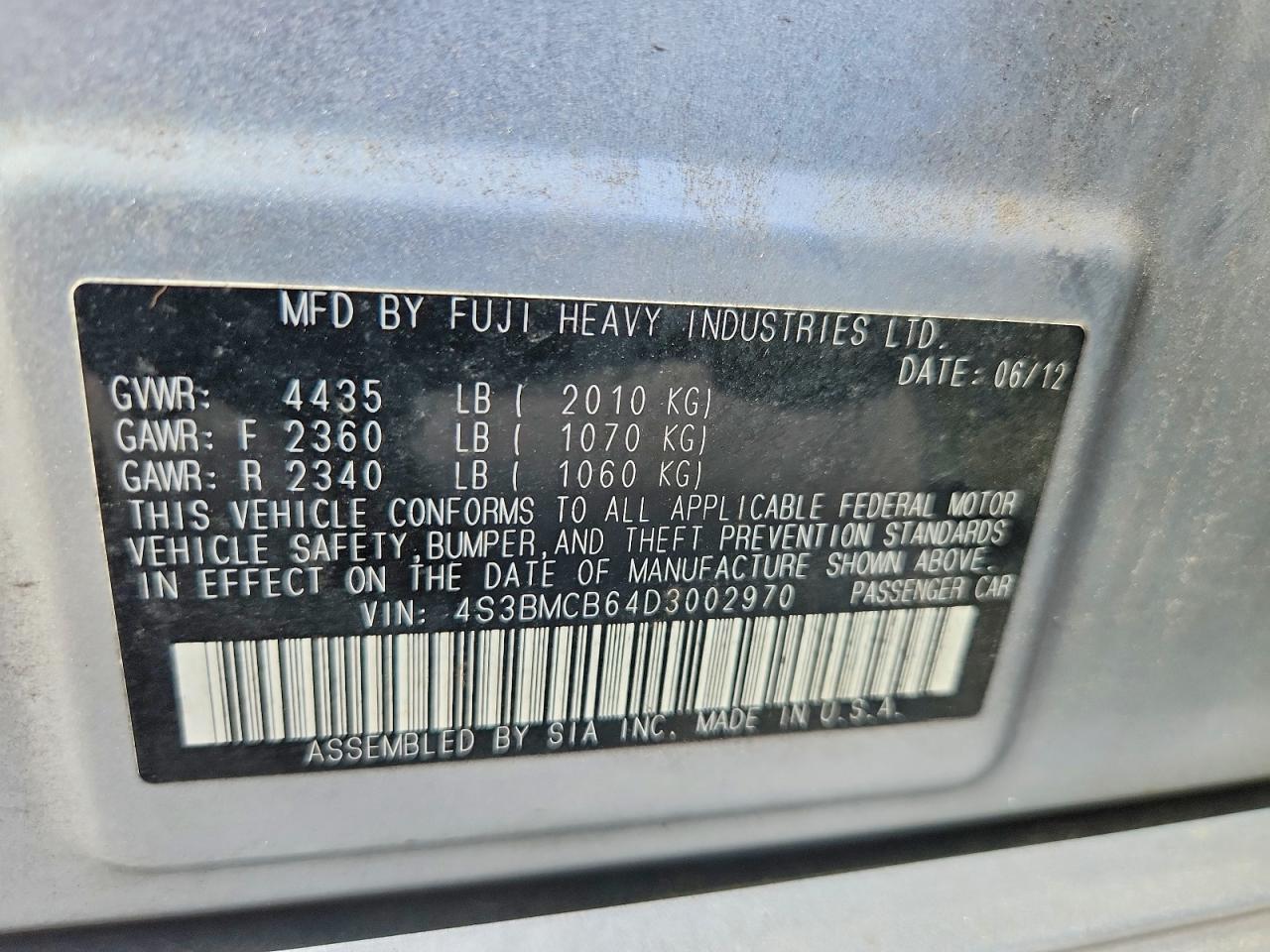 4S3BMCB64D3002970 · 2013 SUBARU LEGACY · 12/12