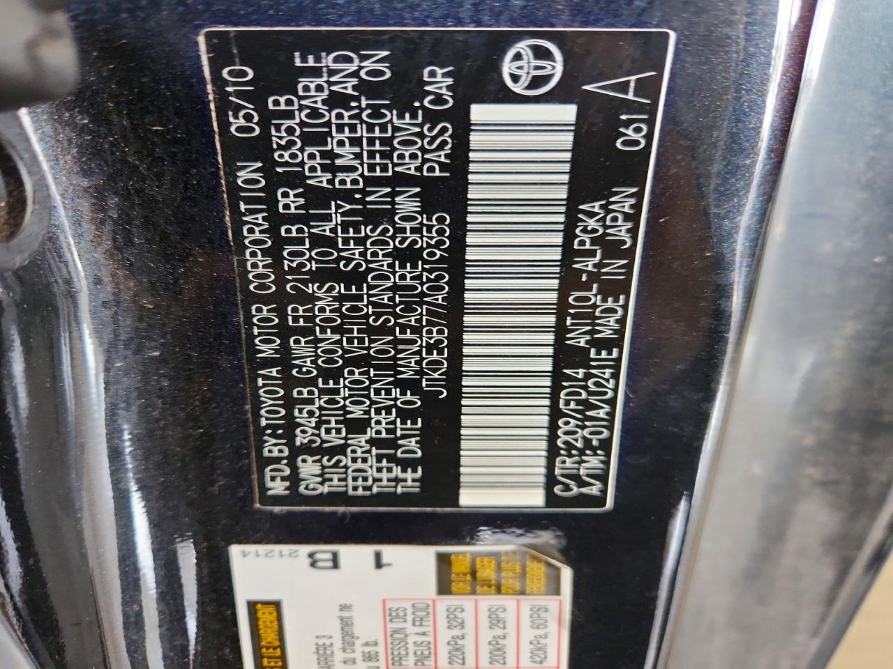 JTKDE3B77A0319355 · 2010 SCION TC · 12/12