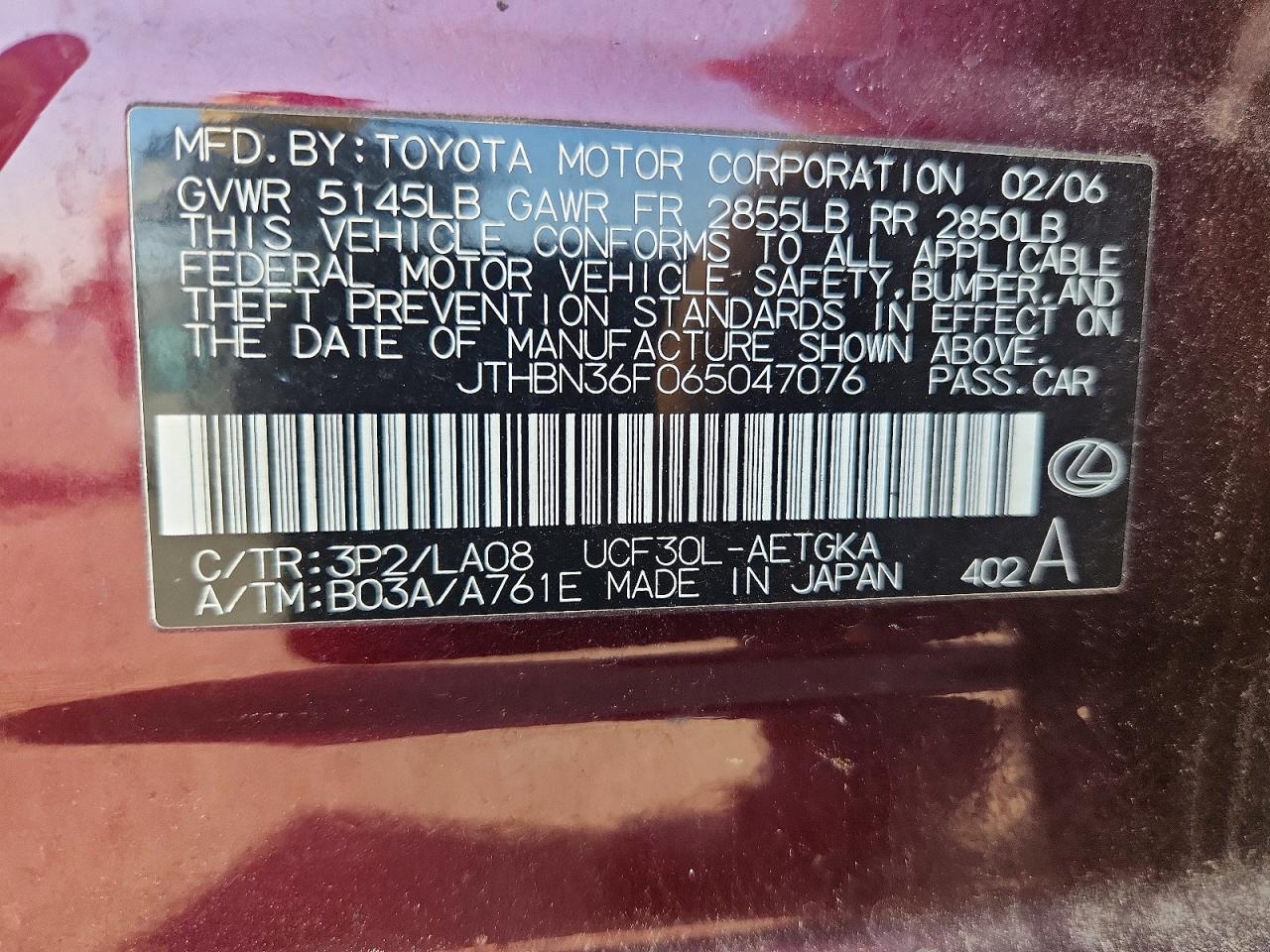 JTHBN36F065047076 · 2006 LEXUS LS · 12/12