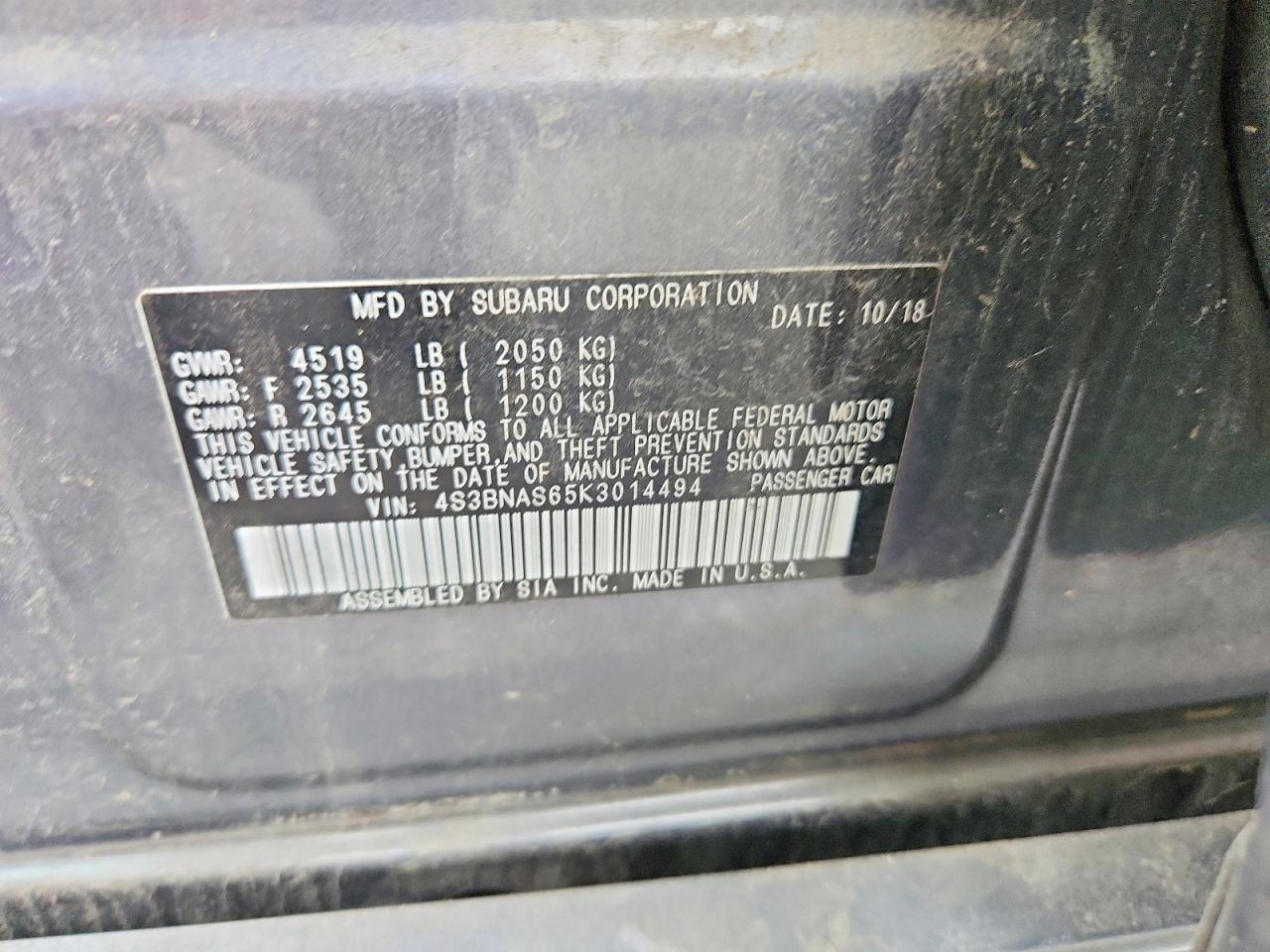 4S3BNAS65K3014494 · 2019 SUBARU LEGACY · 12/12
