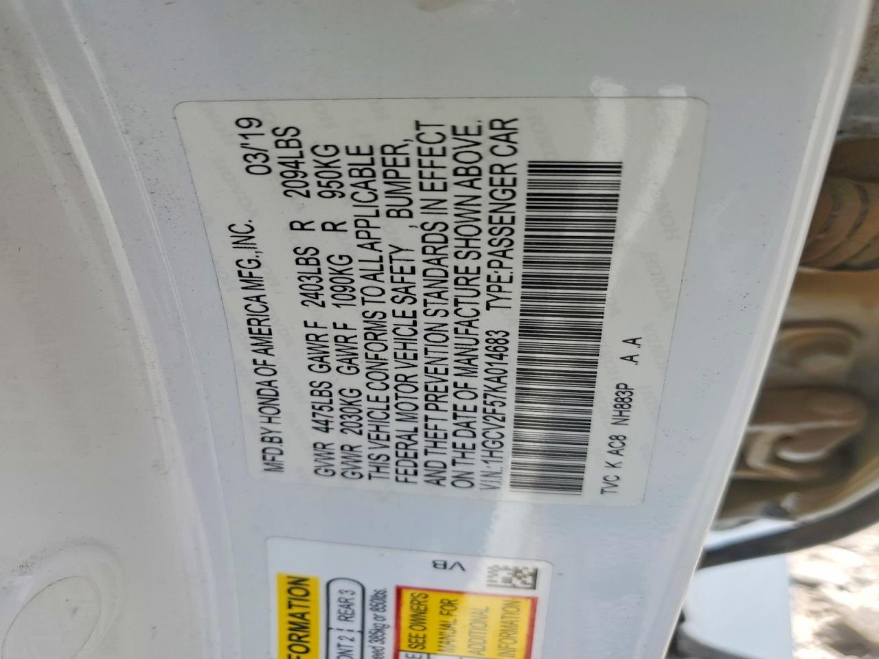 1HGCV2F57KA014683 · 2019 HONDA ACCORD · 12/12