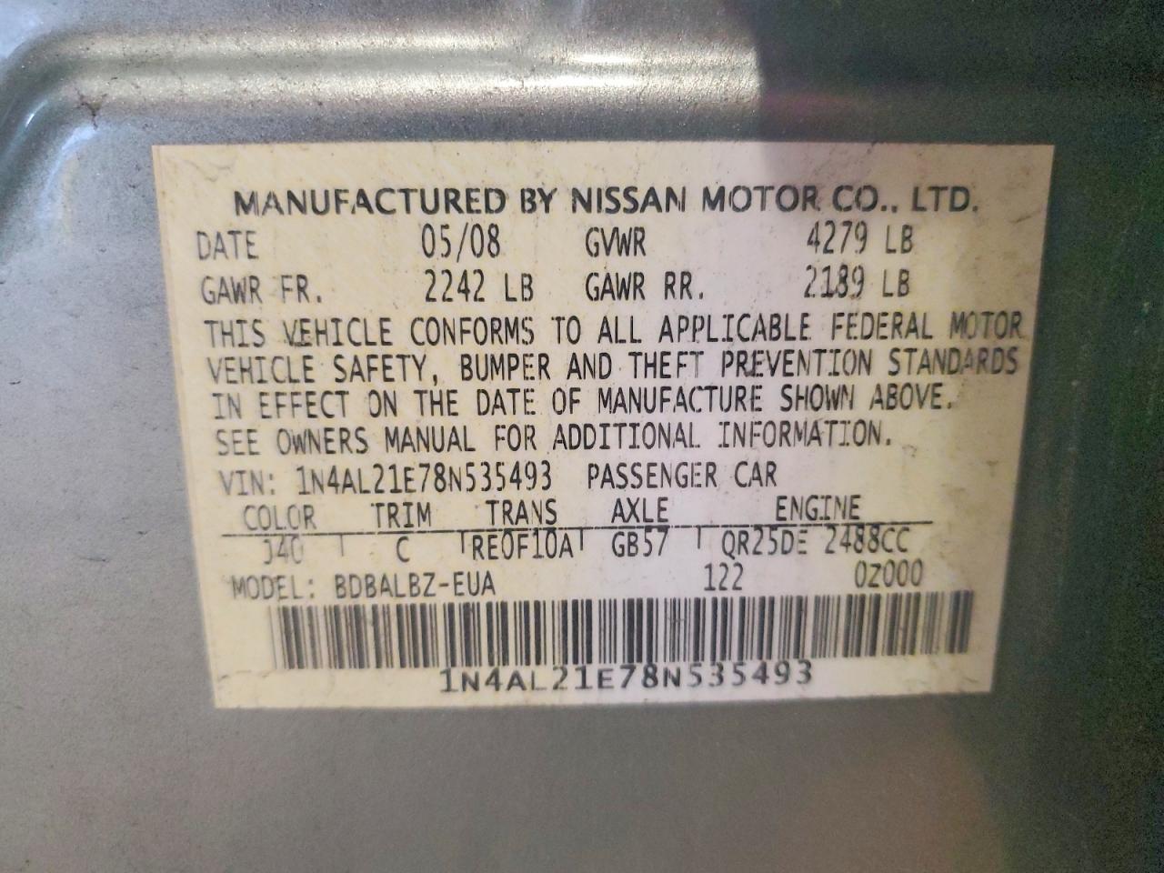 1N4AL21E78N535493 · 2008 NISSAN ALTIMA · 12/12
