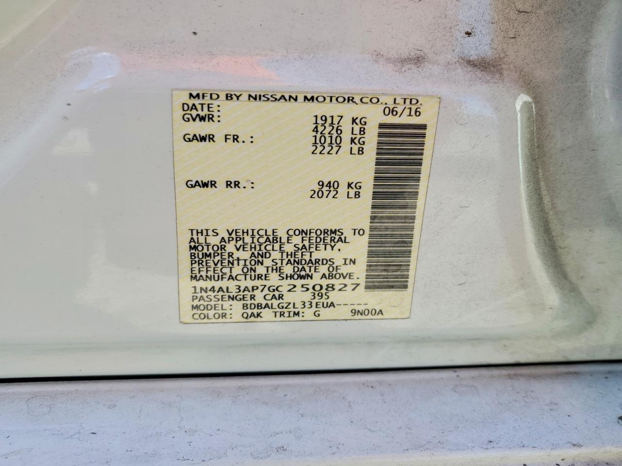 1N4AL3AP7GC250827 · 2016 NISSAN ALTIMA · 12/12