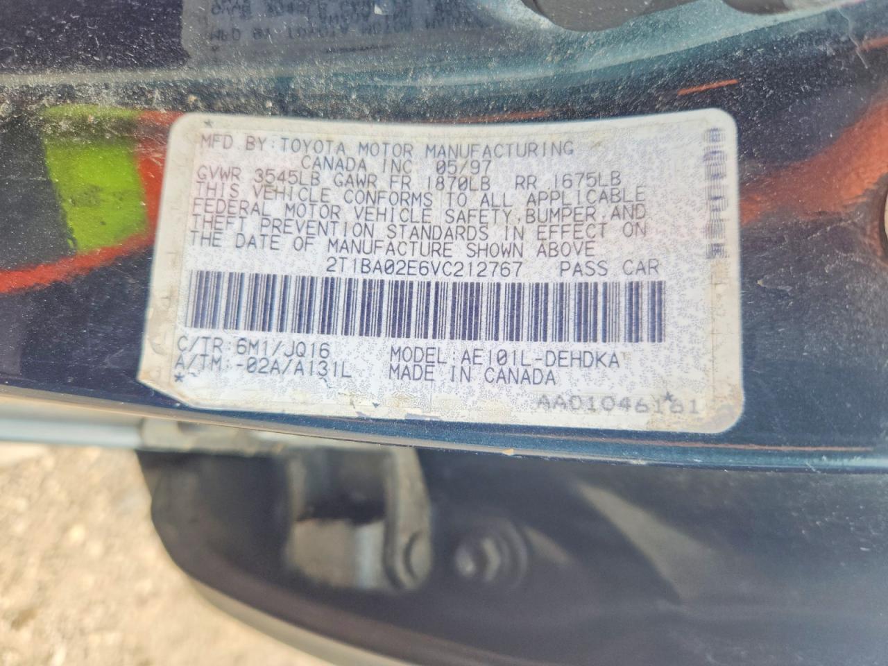 2T1BA02E6VC212767 · 1997 TOYOTA COROLLA · 12/12