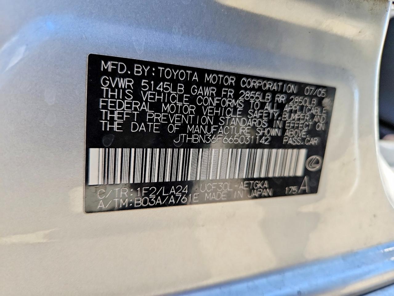JTHBN36F665031142 · 2006 LEXUS LS · 12/12