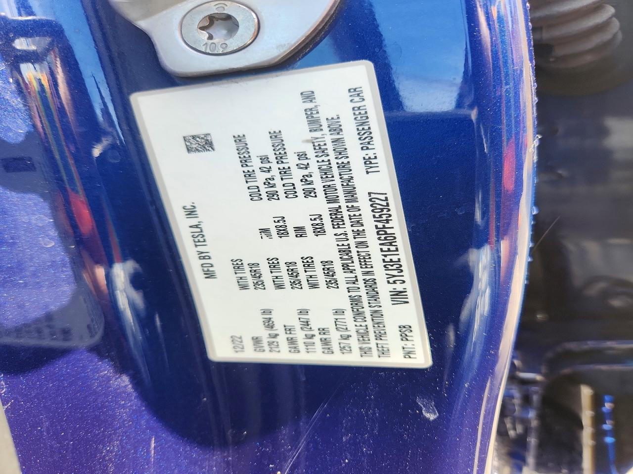 5YJ3E1EA6PF459227 · 2023 TESLA MODEL 3 · 12/12