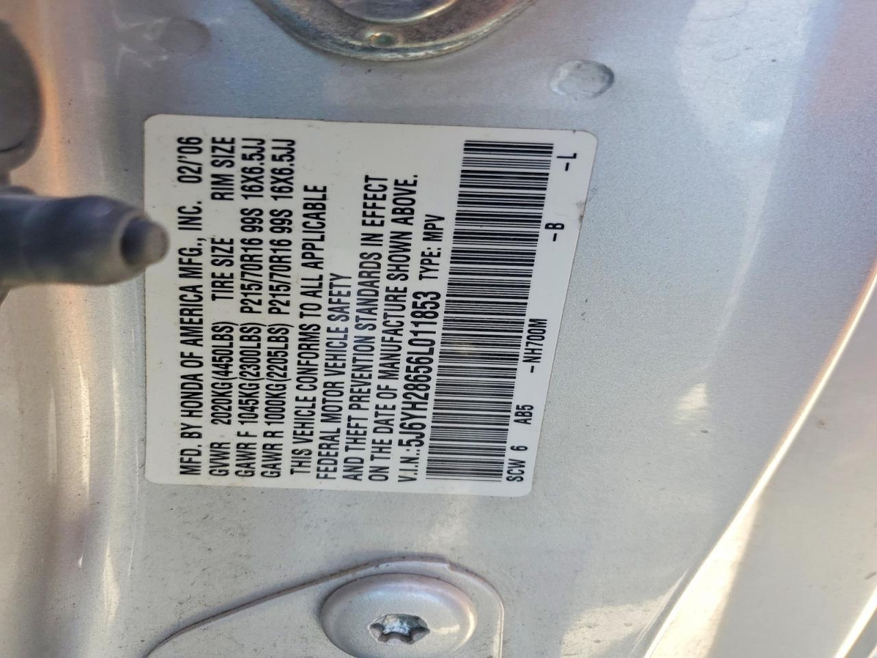 5J6YH28656L011853 · 2006 HONDA ELEMENT · 12/12