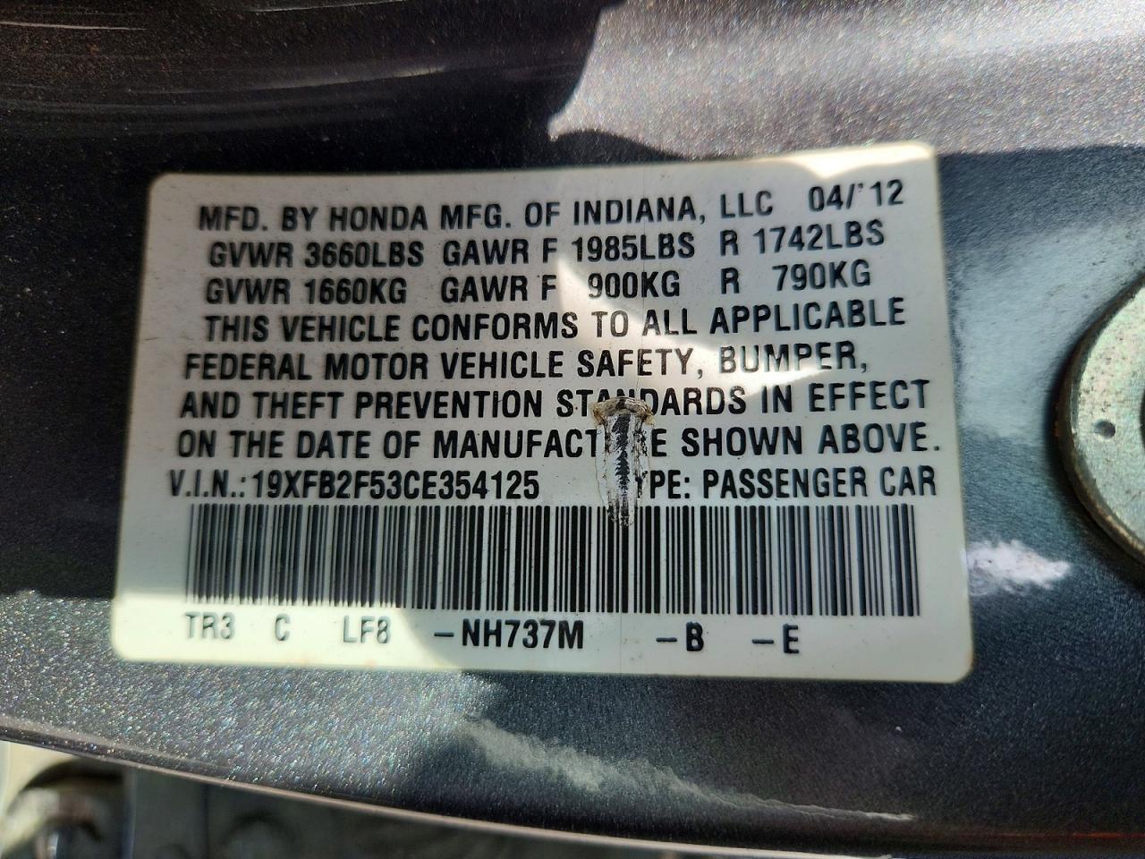 19XFB2F53CE354125 · 2012 HONDA CIVIC · 12/12