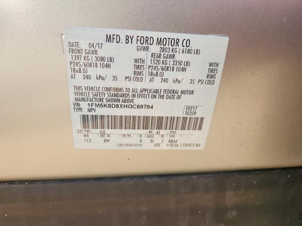 1FM5K8D8XHGC88784 · 2017 FORD EXPLORER · 12/12