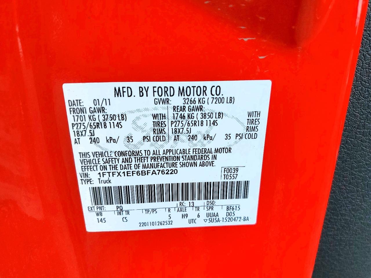 1FTFX1EF6BFA76220 · 2011 FORD F150 · 12/12