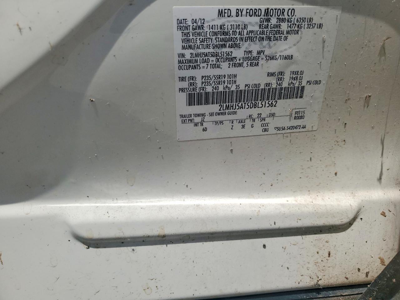 2LMHJ5AT5DBL51562 · 2013 LINCOLN MKT · 12/12