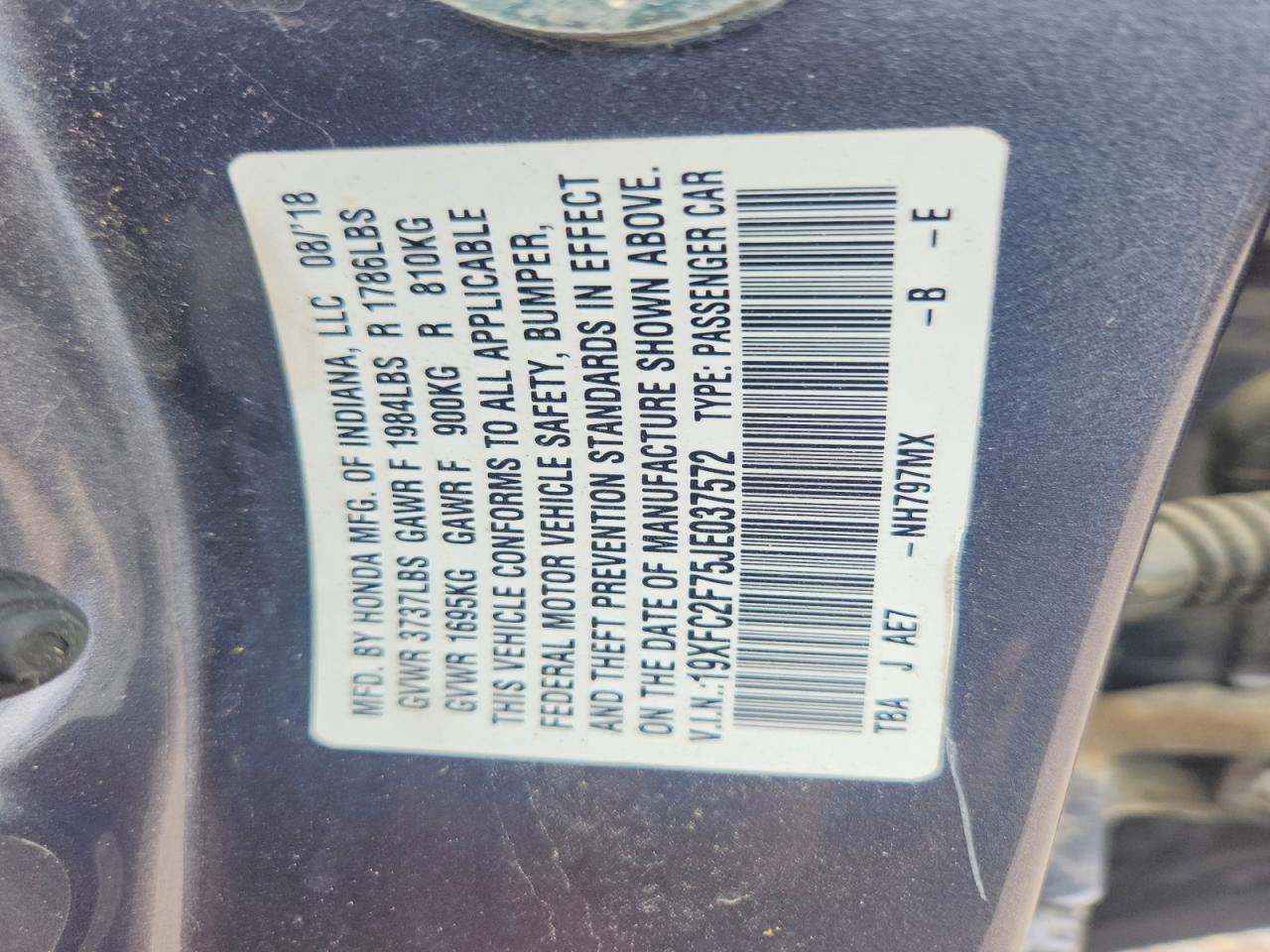 19XFC2F75JE037572 · 2018 HONDA CIVIC · 12/12