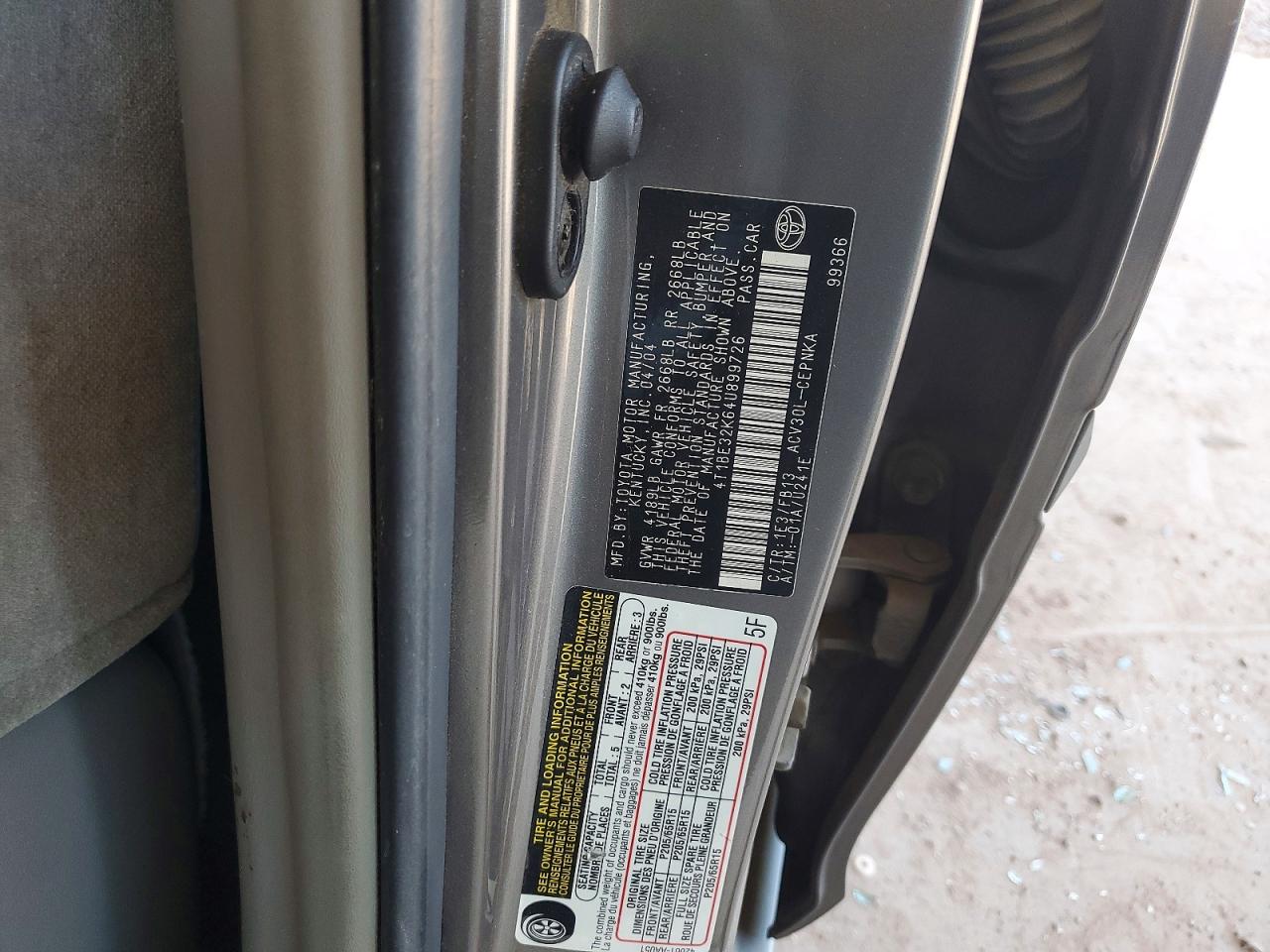 4T1BE32K64U899726 · 2004 TOYOTA CAMRY · 12/12