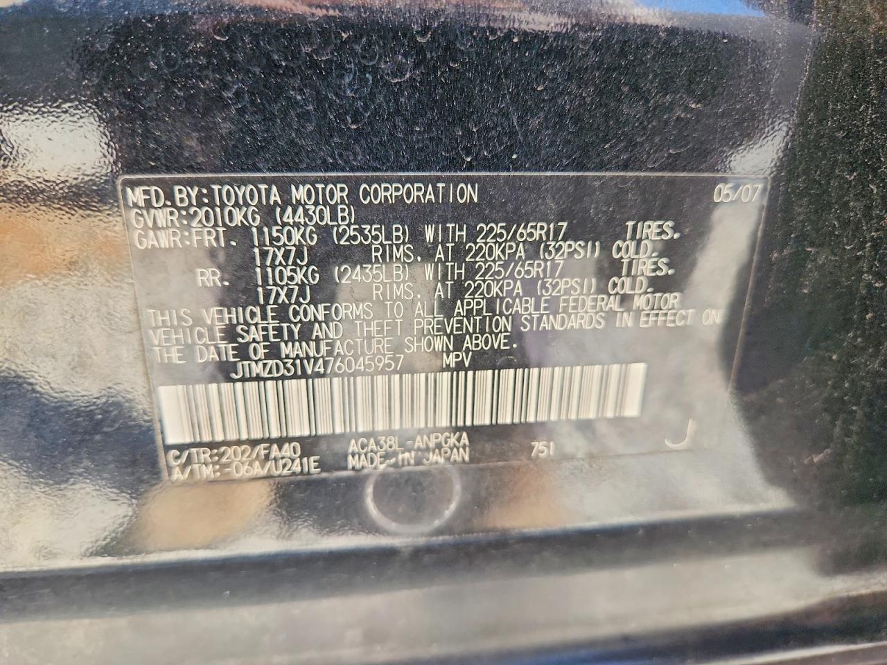 JTMZD31V476045957 · 2007 TOYOTA RAV4 · 12/12
