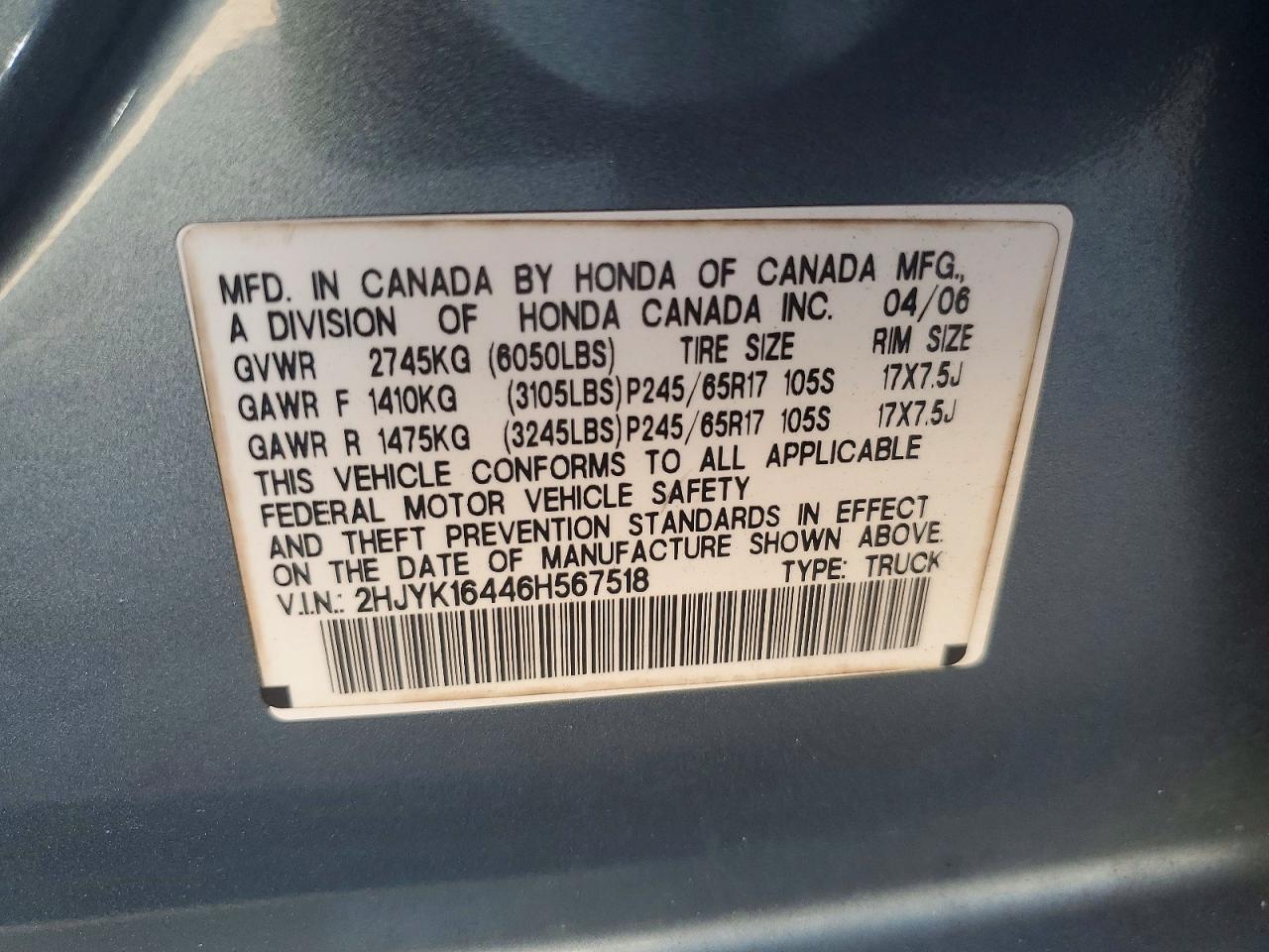 2HJYK16446H567518 · 2006 HONDA RIDGELINE · 12/12
