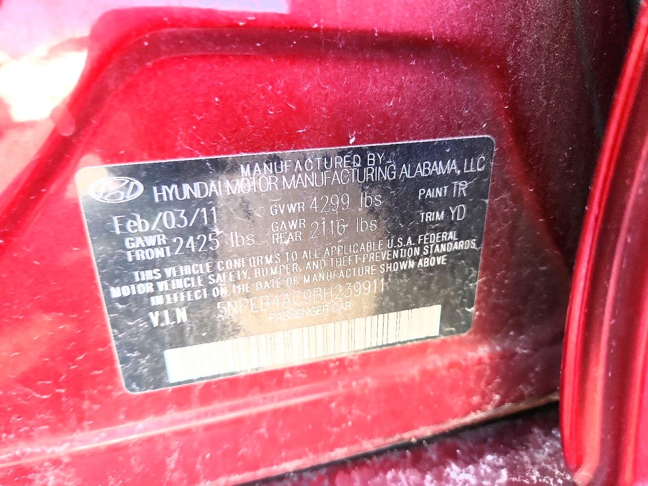 5NPEB4AC9BH239911 · 2011 HYUNDAI SONATA · 12/12