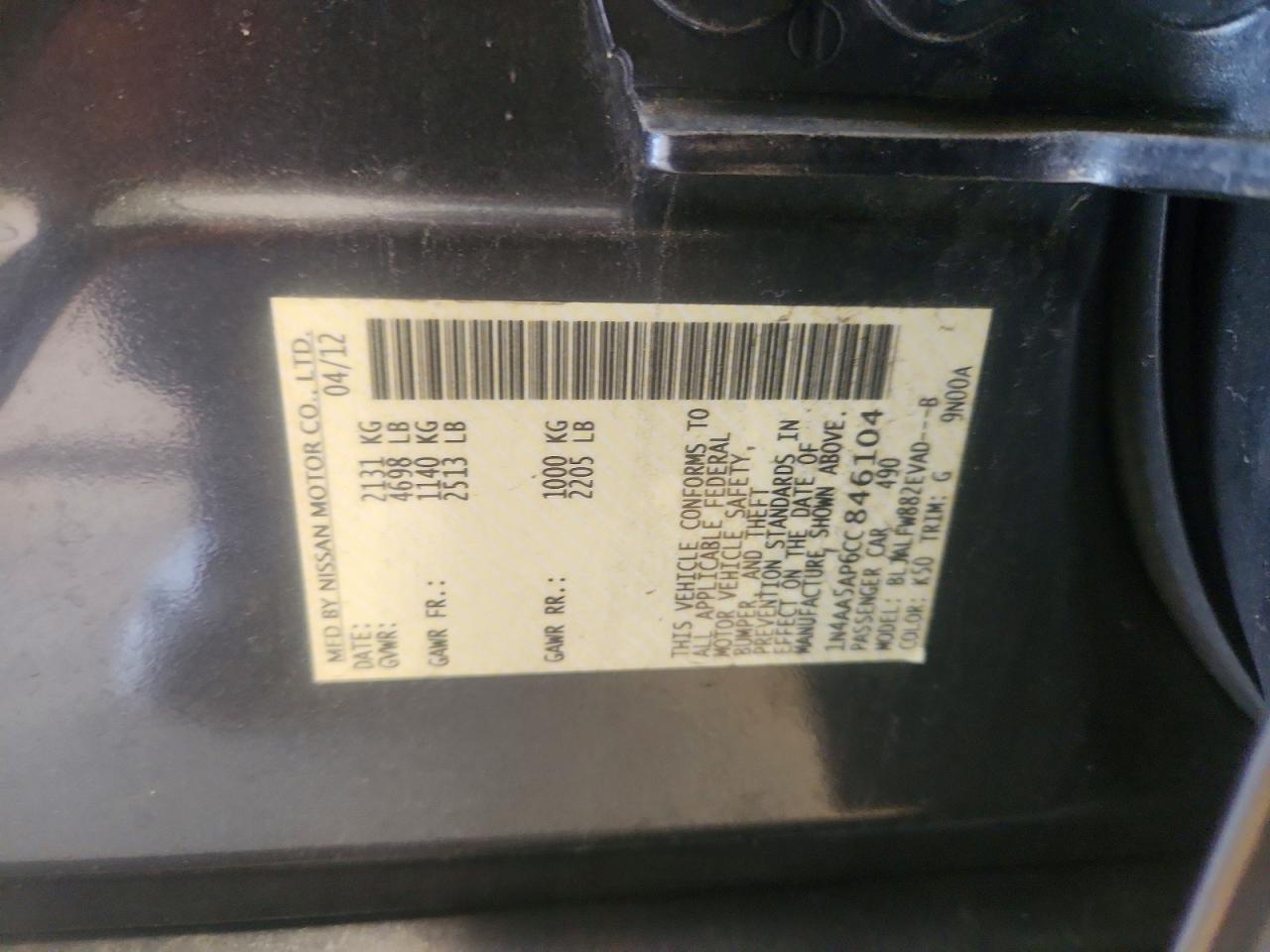 1N4AA5AP6CC846104 · 2012 NISSAN MAXIMA · 12/12