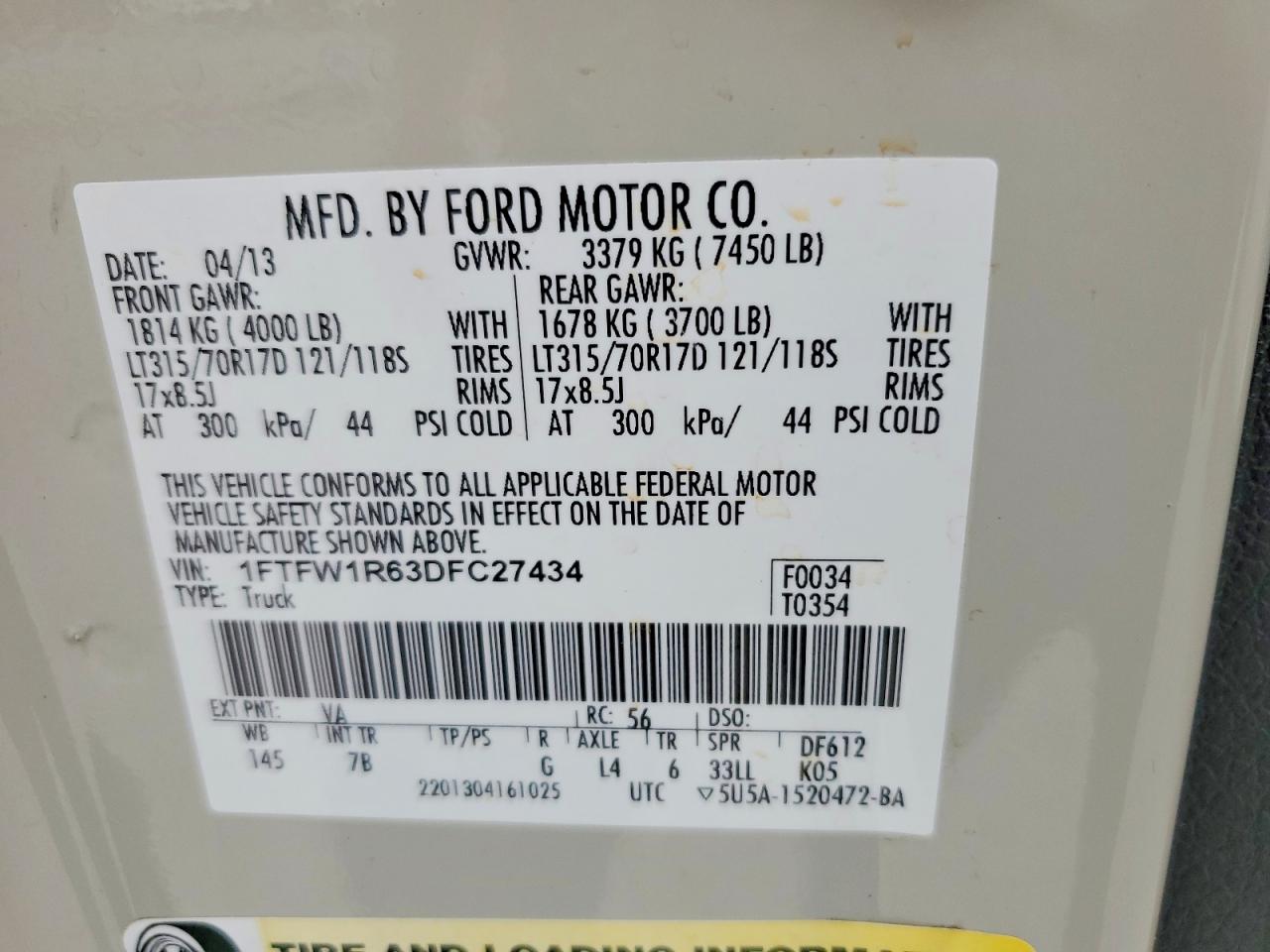 1FTFW1R63DFC27434 · 2013 FORD F150 · 12/12