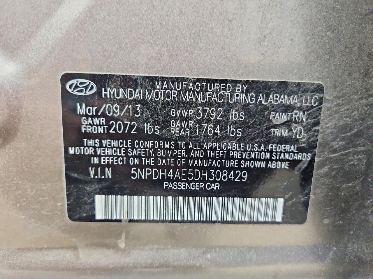 5NPDH4AE5DH308429 · 2013 HYUNDAI ELANTRA · 12/12
