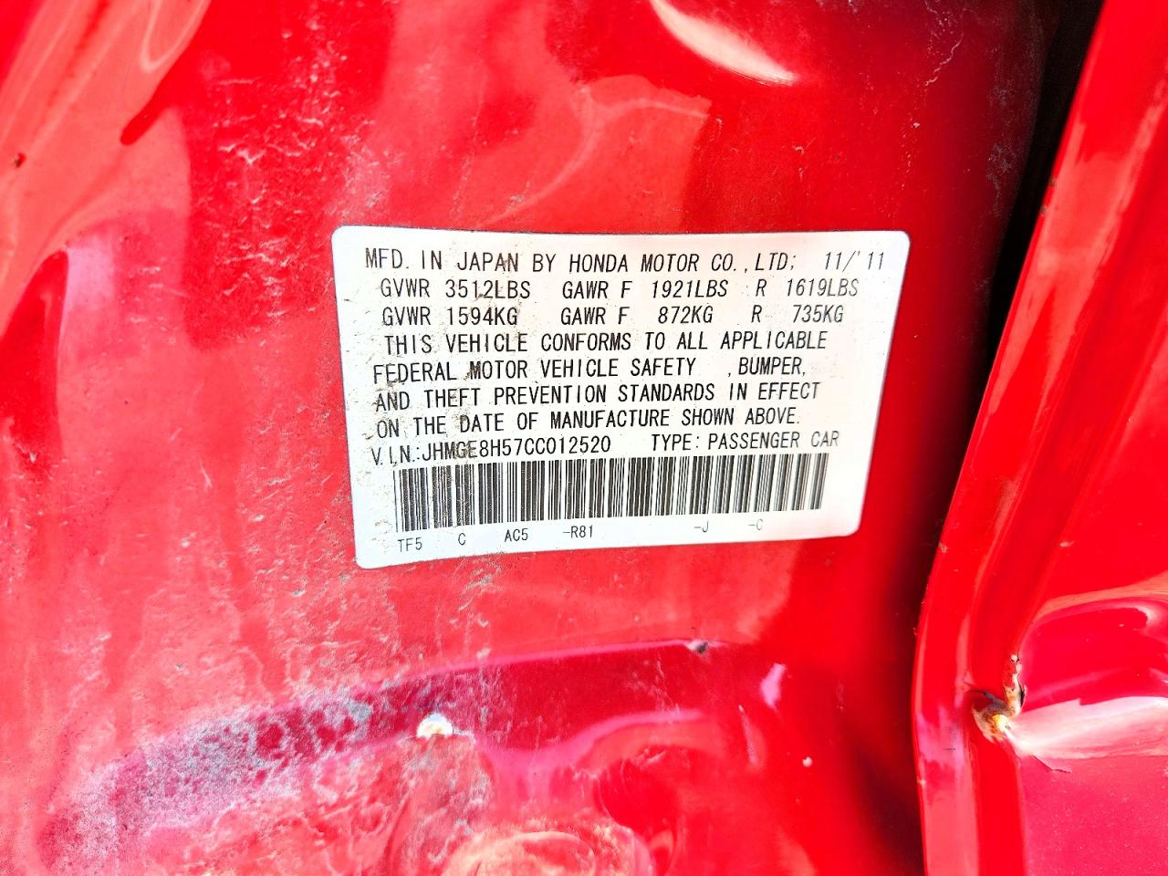 JHMGE8H57CC012520 · 2012 HONDA FIT · 12/12