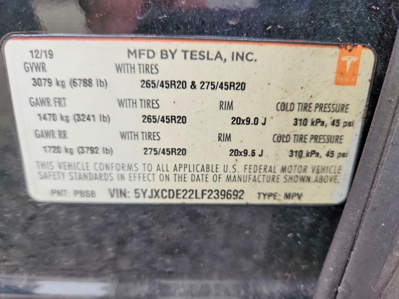 5YJXCDE22LF239692 · 2020 TESLA MODEL X · 12/12