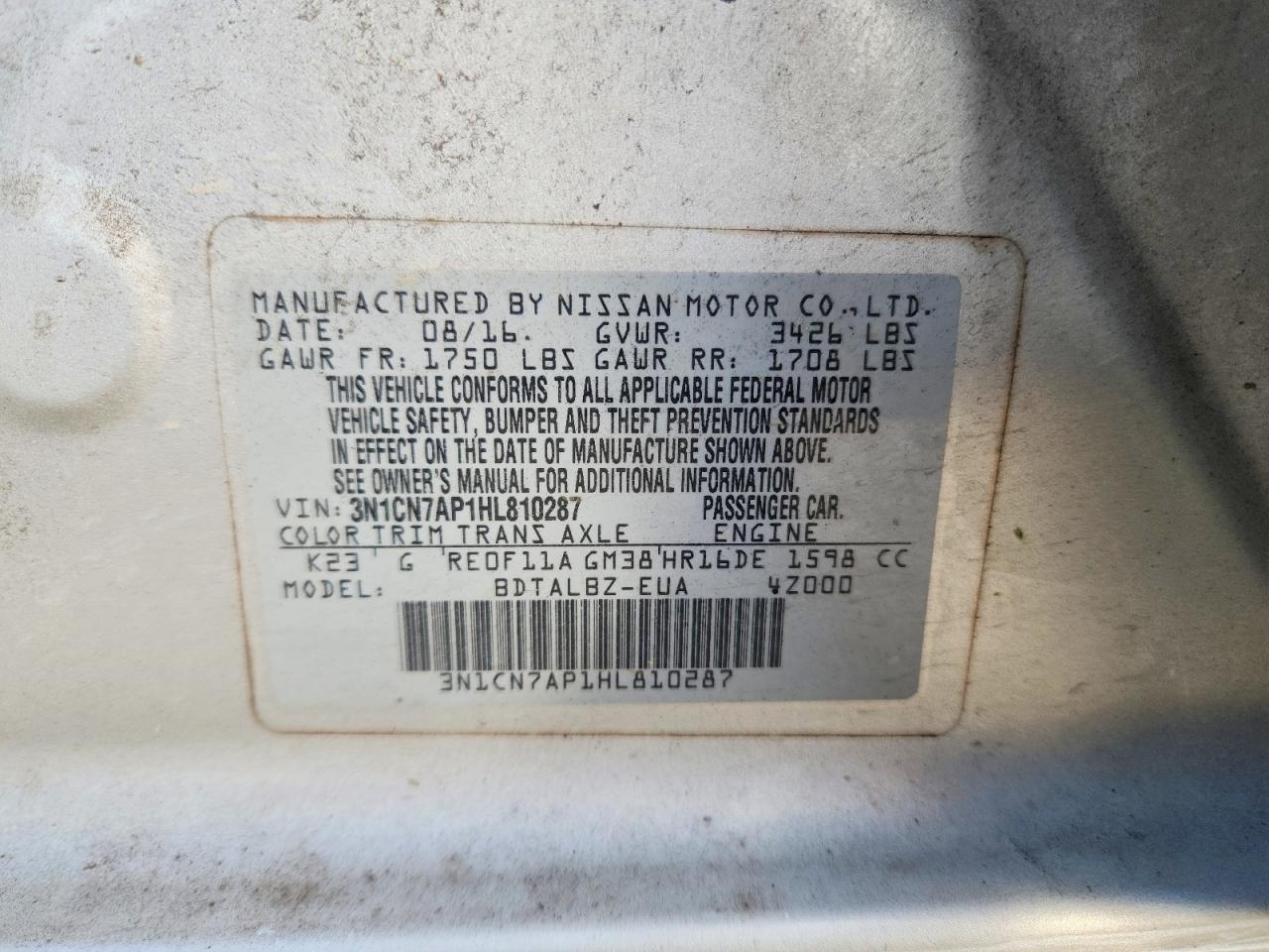 3N1CN7AP1HL810287 · 2017 NISSAN VERSA · 12/12
