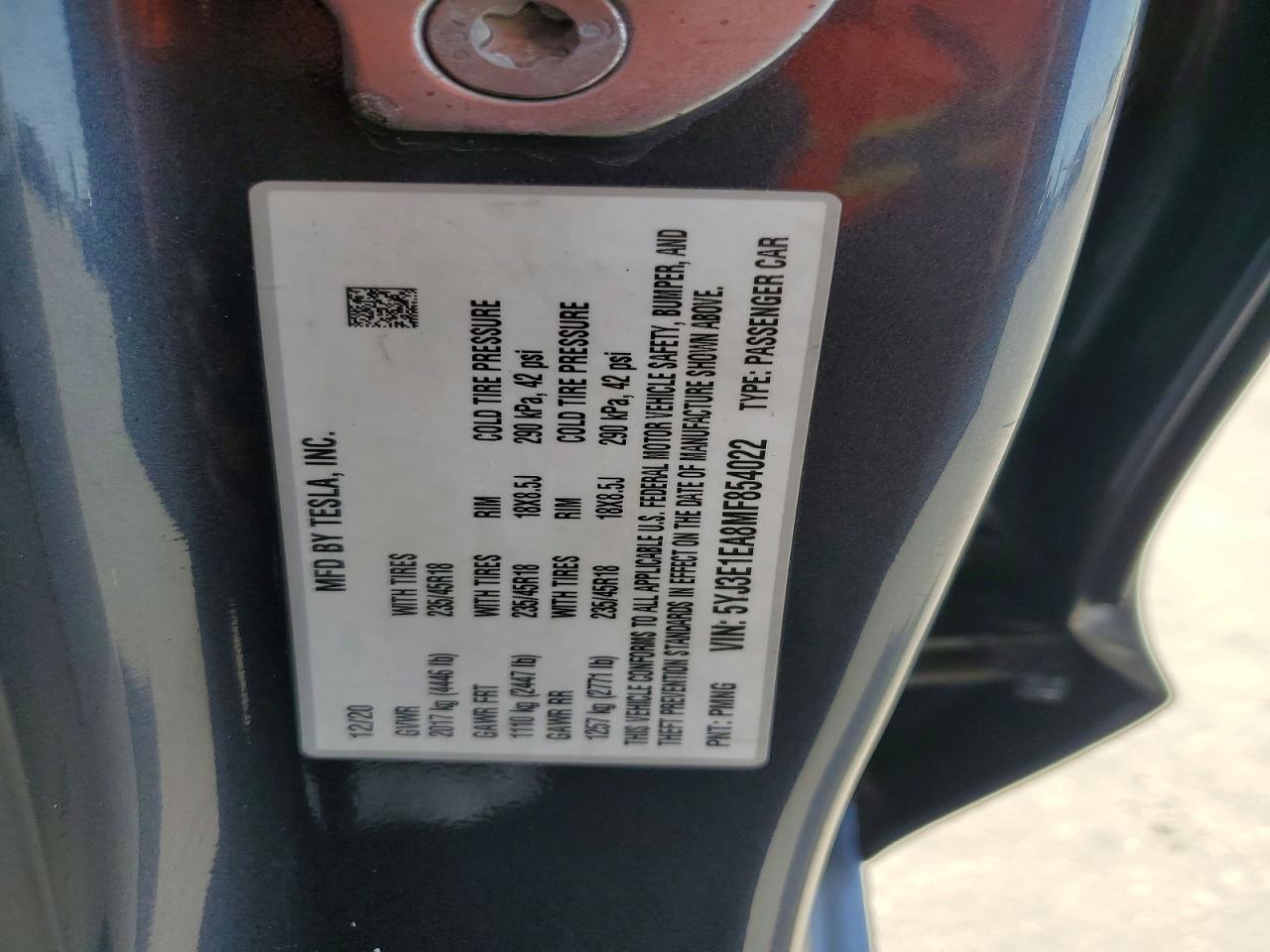 5YJ3E1EA8MF854022 · 2021 TESLA MODEL 3 · 12/12