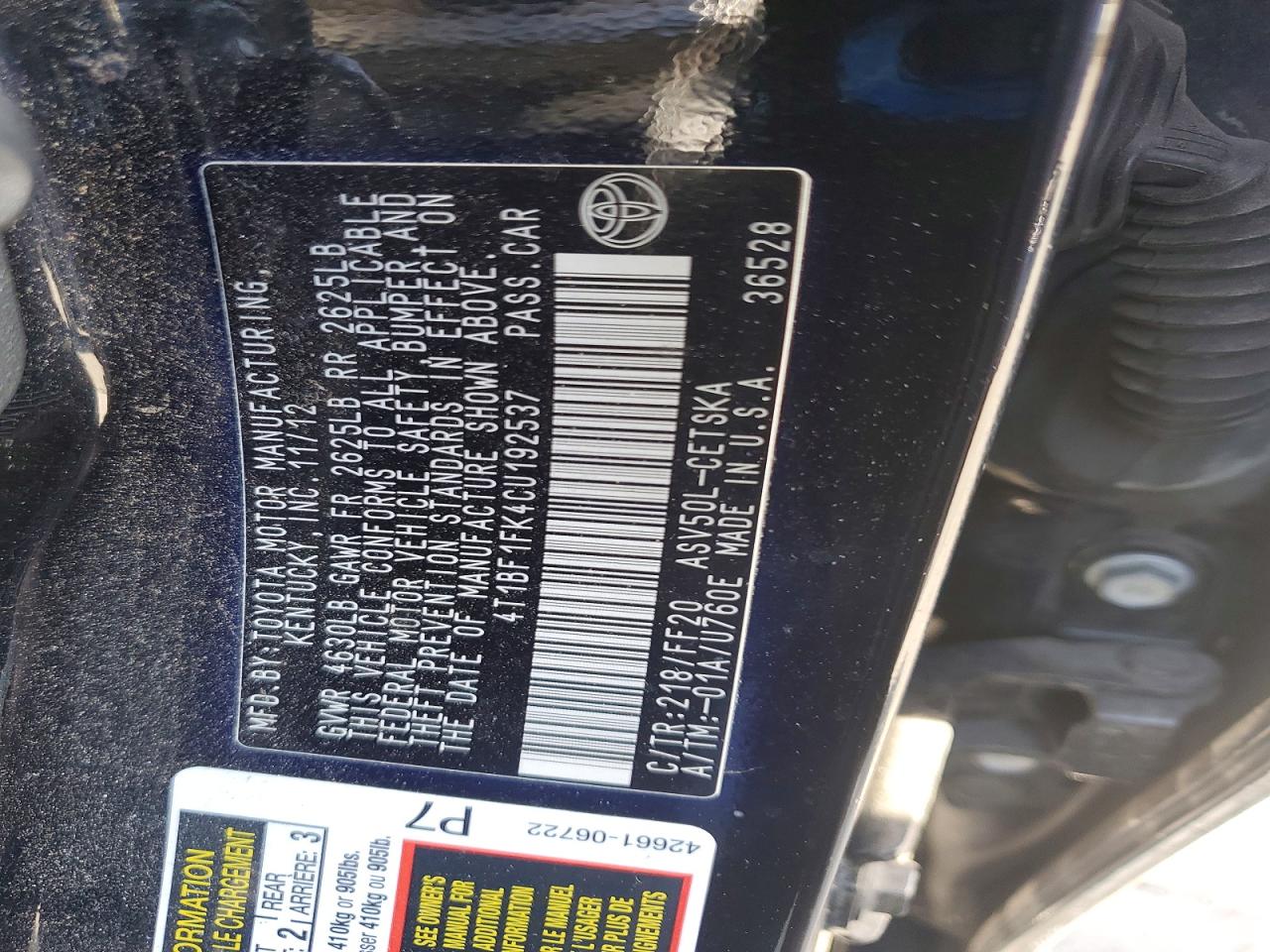4T1BF1FK4CU192537 · 2012 TOYOTA CAMRY · 12/12