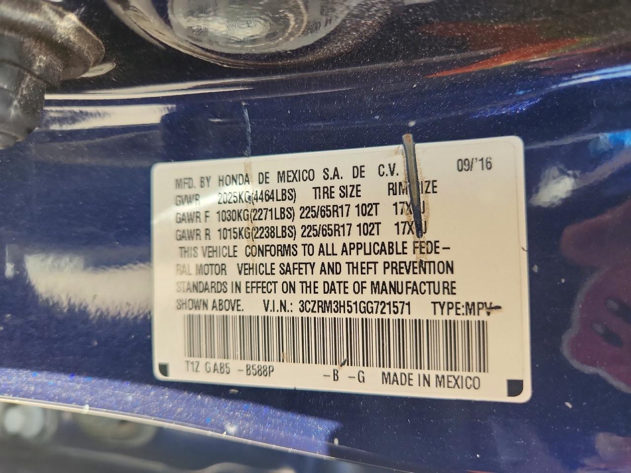 3CZRM3H51GG721571 · 2016 HONDA CR-V · 12/12